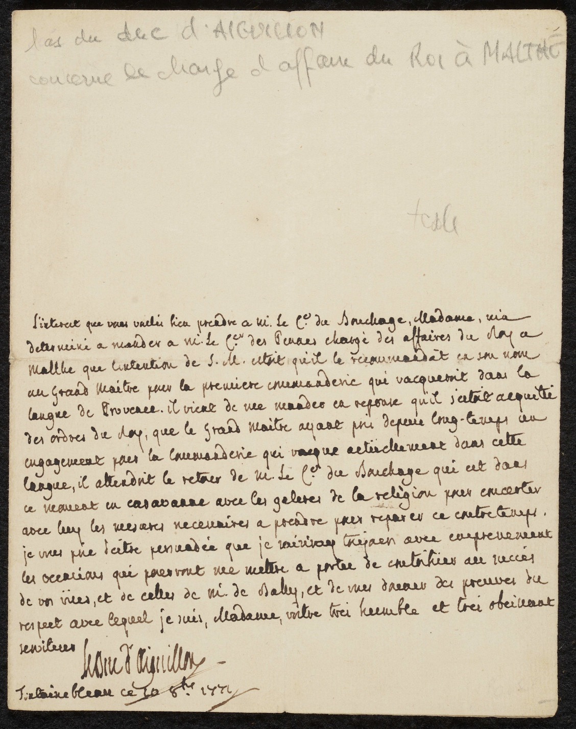 Letter of Emmanuel Armand de Vignerot du Plessis, Duke d’Aiguillon, to a certain “Madame”. Fontainebleau, 10 October 1771.