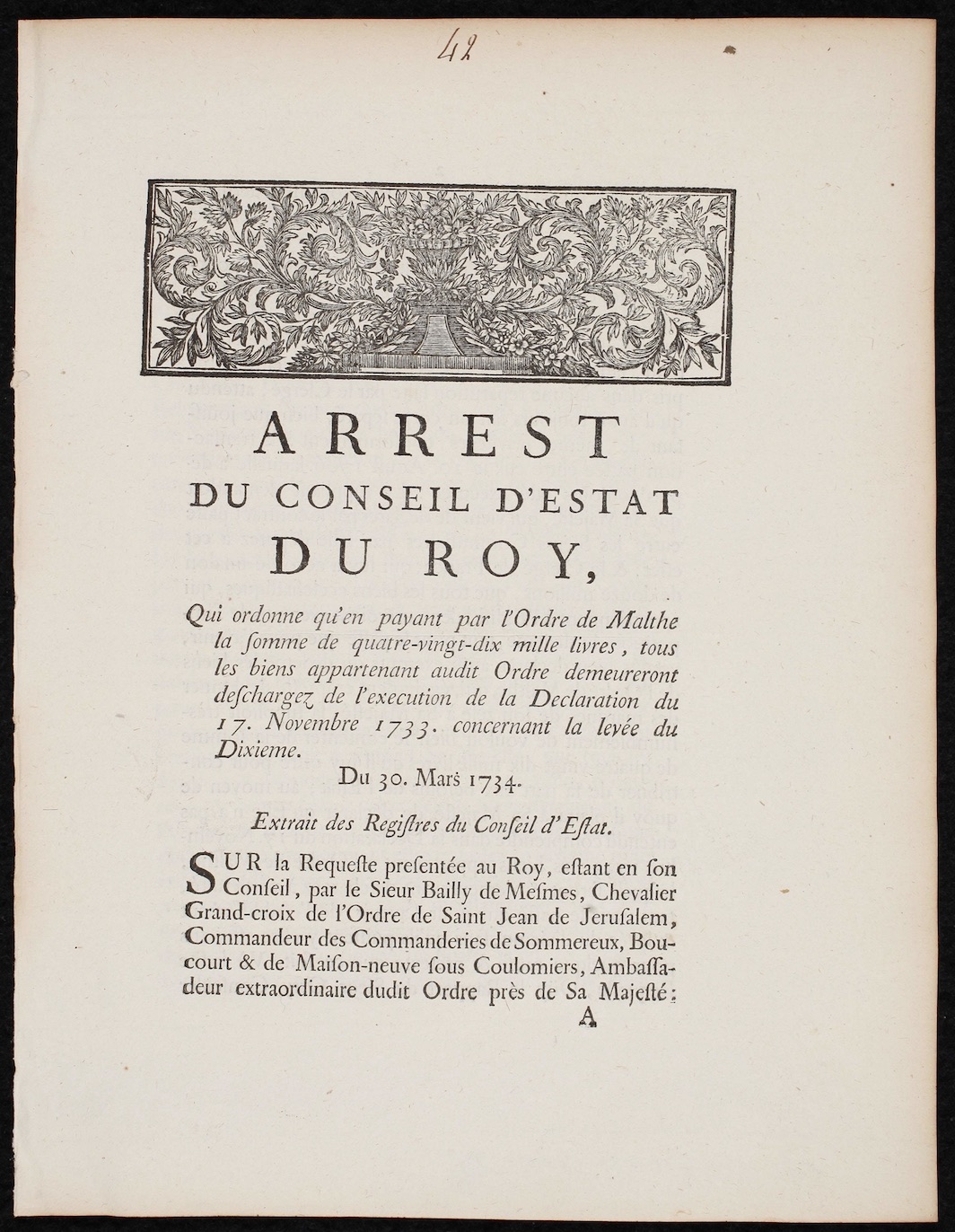 France. Conseil d'État. Arrest du Conseil d'Estat du Roy qui ordonne qu'en payant par l'Ordre de Malthe la somme de quatre-vingt-dix mille livres. Paris: Imprimerie Royale, 1734.