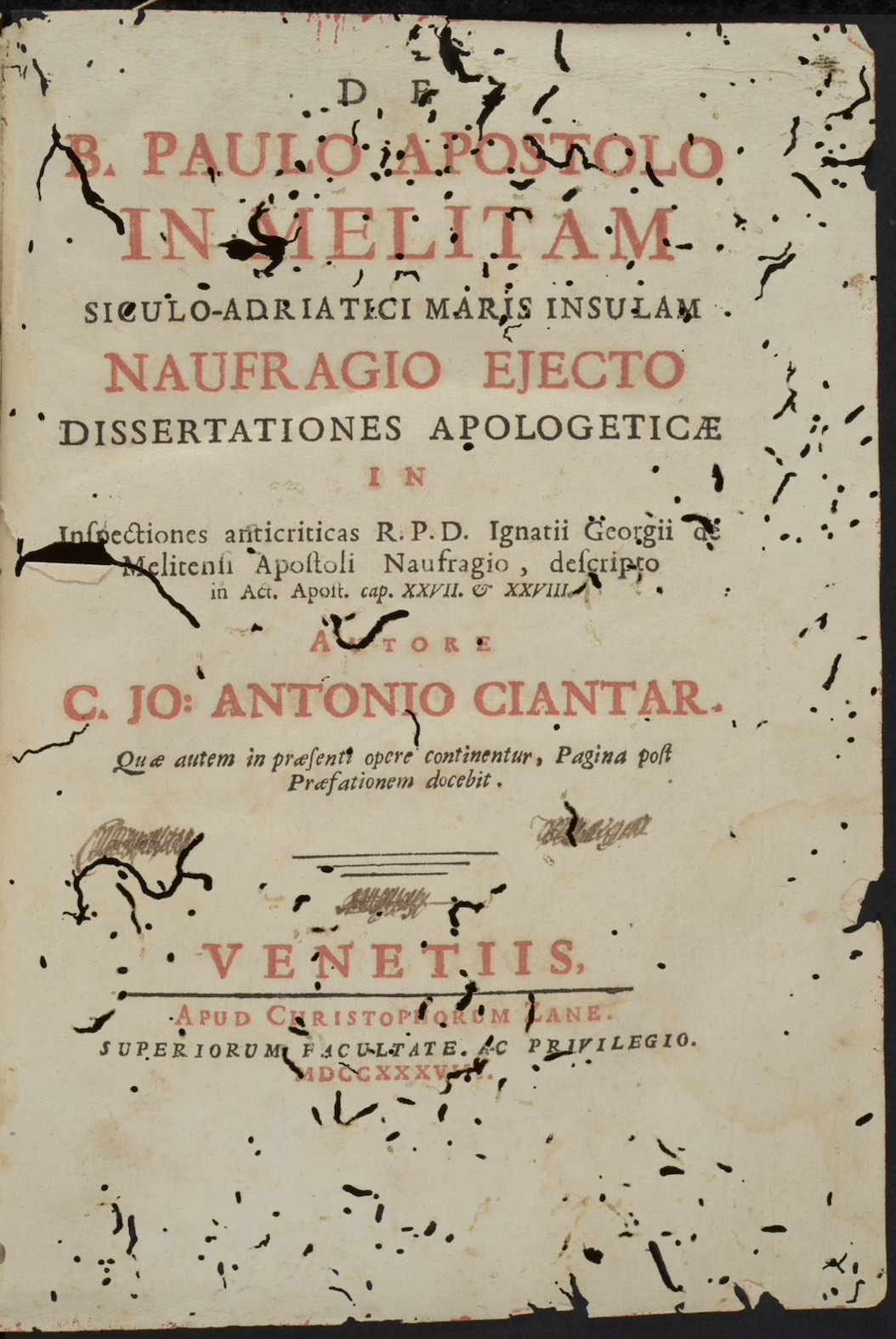 Ignjat Đurđević. <em>D. Paulus Apostolus in Mari, Quod Nunc Venetus Sinus Dicitur, Naufragus, et Melitae Dalmatensis insulae post Naufragium Hospes sive, de genuino significatu duorum locorum in Actibus Apostolicis. Cap. XXVII. 27. Navigantibus nobis in Adria Cap. XXVIII. 1. Tunc cognovimus, quia Melita insula vocabatur. Inspectiones Anticriticae</em>.<br>Venice: Cristophorum Zane, 1730.