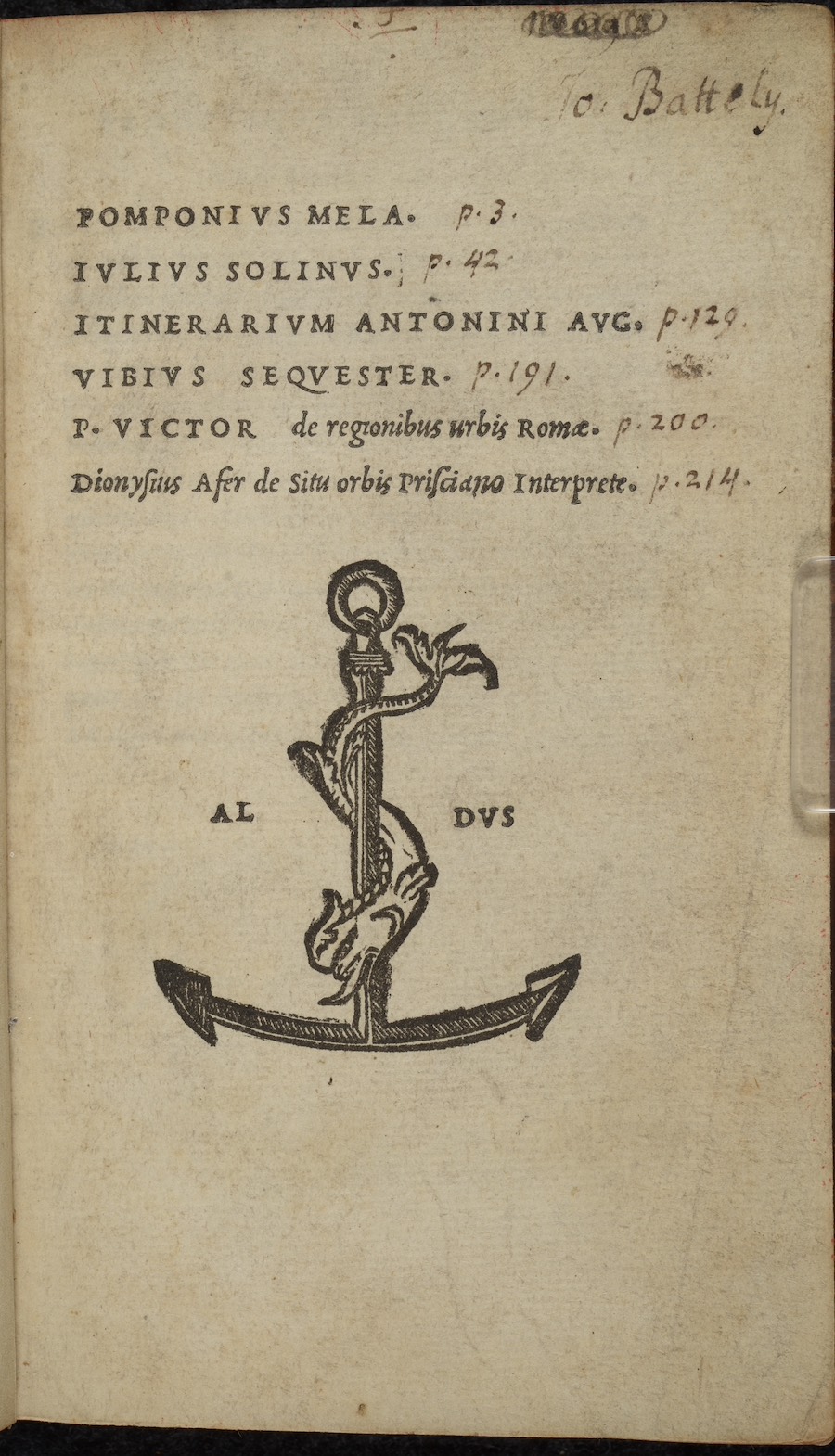 <em>Itinerarivm provinciarvm Antonii Avgusti</em>.<br>Venice: Aldus Manutius, 1518.