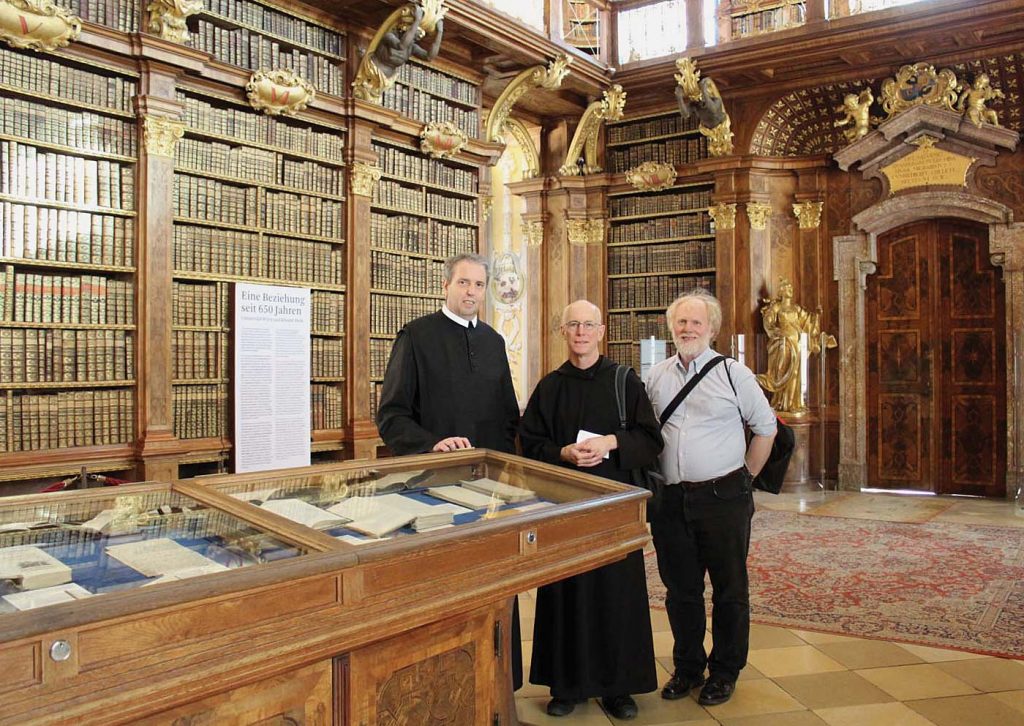 From left, Pater Gottfried Glassner, OSB, the librarian at Stift Melk, Columba Stewart, and curator Matthew Z. Heintzelman in Melk