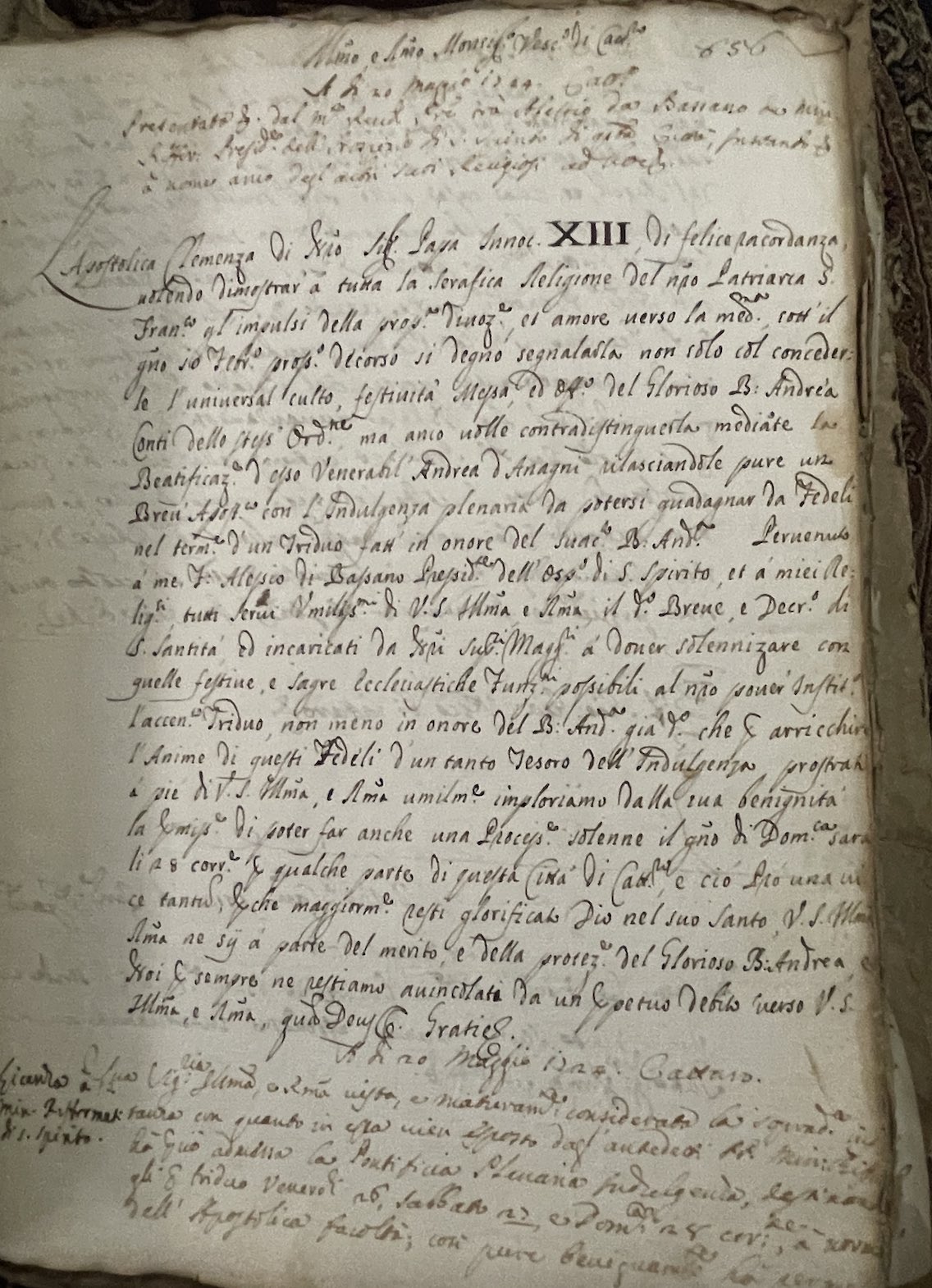 Kotor: A document in the Catholic Church Archive in Kotor related to Pope Innocent XIII (in office 1721–24).