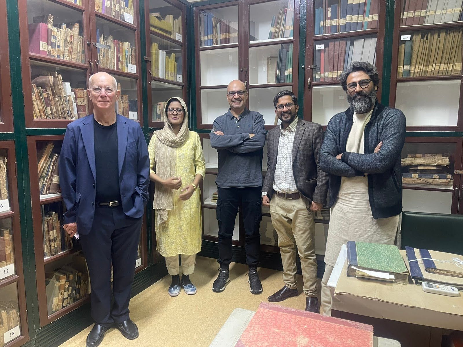 In Karachi visiting Anjuman-e-Taraqqi-e Urdu in January 2023. (Left to right): Columba Stewart, Uzma Shah, Walid Mourad, Tariq Ahmed, and Ahmad Atta.