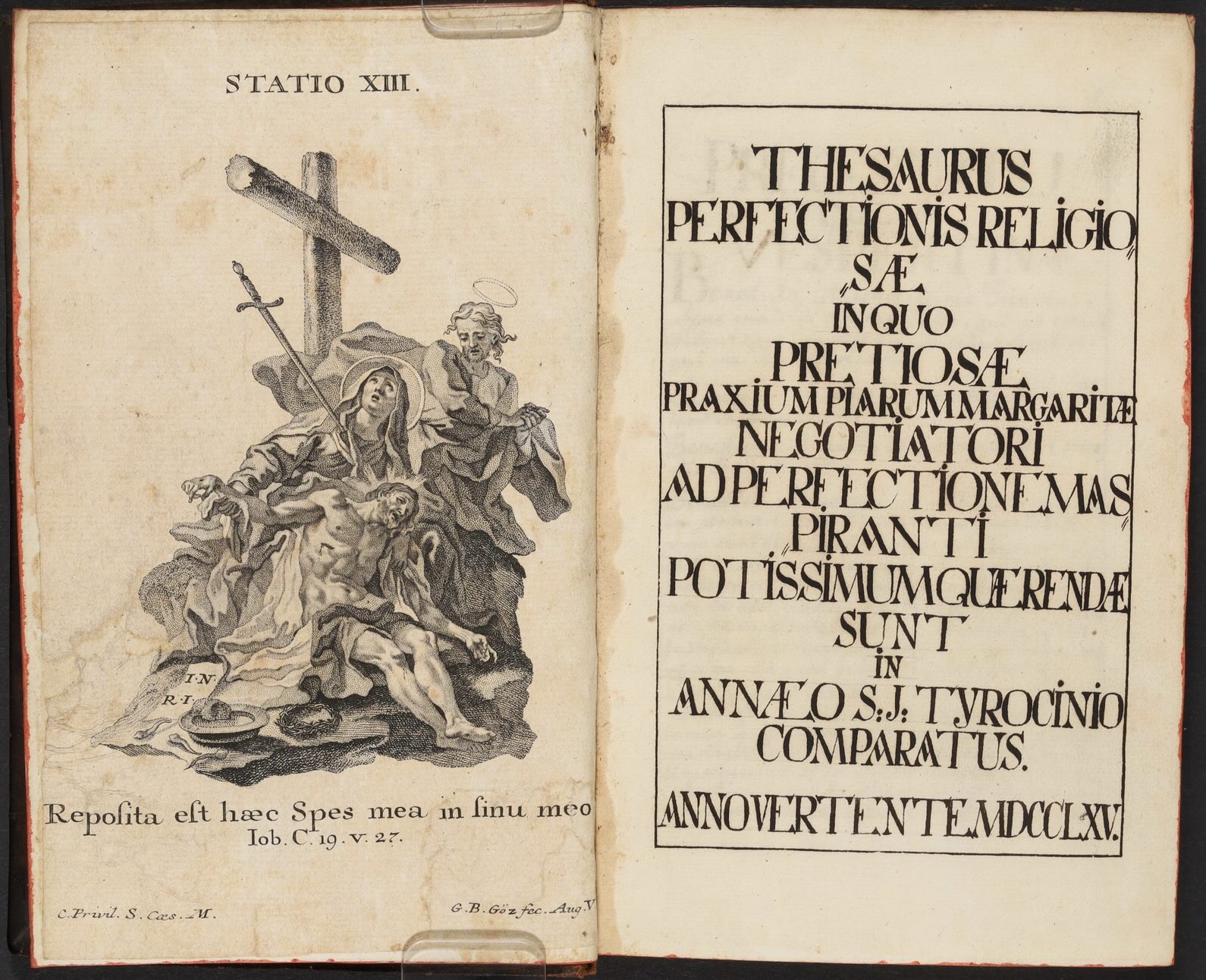 Title page and a frontispiece from a Jesuit devotional book published in 1755 titled Thesaurus Perfectionis Religiosae (Treasury of Religious Perfection). (<a href='https://w3id.org/vhmml/readingRoom/view/880714'>ASFP 00112</a>)
