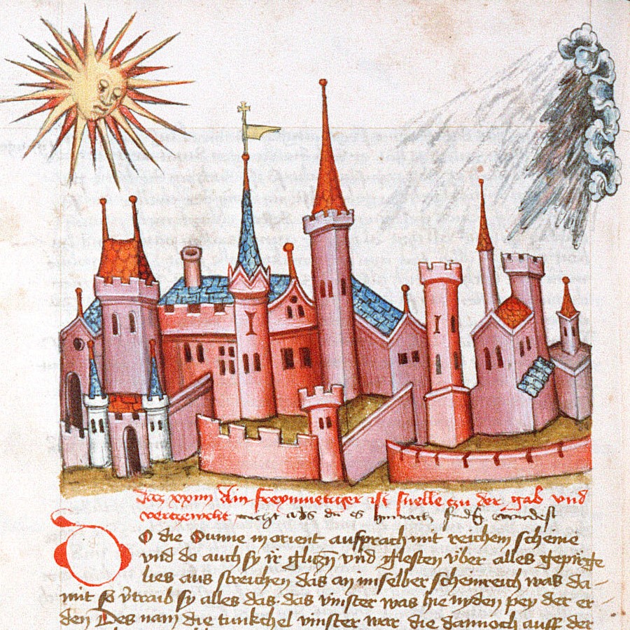 Illustration of a city flanked by sun and storm, from a 15th-century collection of medieval fables, translated into German by Ulrich von Pottenstein (HMML project 1451, Codex Mellicensis 551)