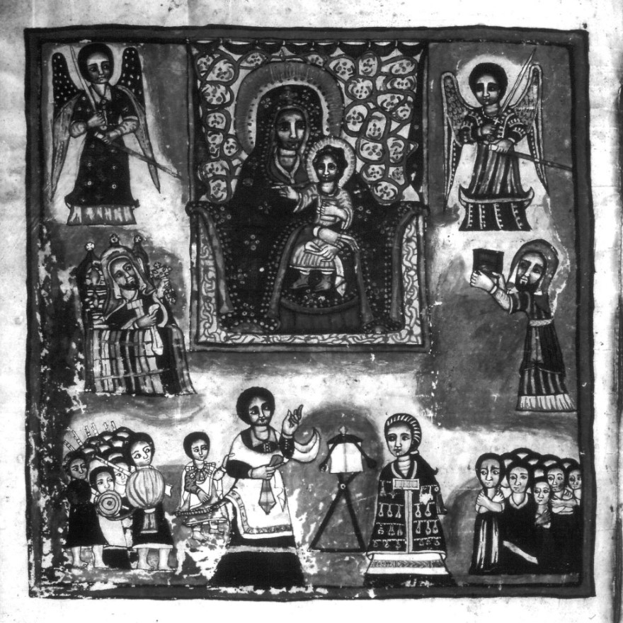 A crowd, including angels and a high-ranking member of the clergy, venerates an icon of the Virgin Mary and baby Jesus (EMML 76, fol. 11v)