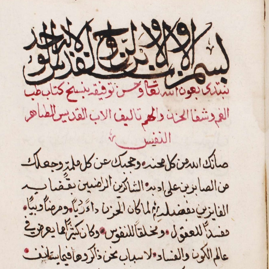 18th-century copy of a rare 10th-century philosophical text by the Egyptian author Sāwīrus ibn al-Muqaffaʻ, published in English under the title Affliction's physic and the cure of sorrow. (MKLB 00016)
